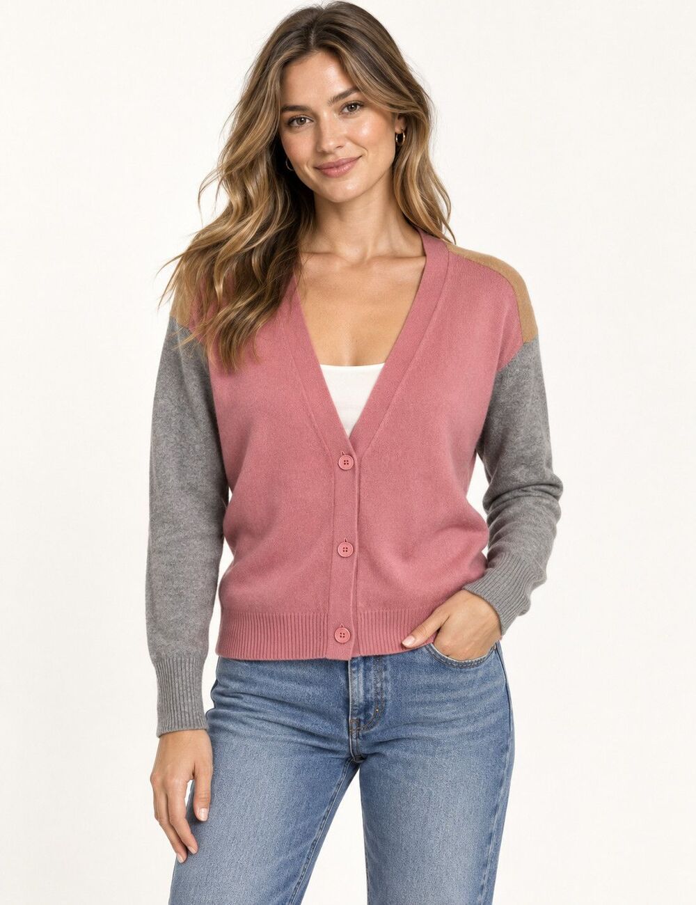 NWOT Magaschoni 100% Cashmere Colorblock V-Neck Cardigan Pink Gray Camel M